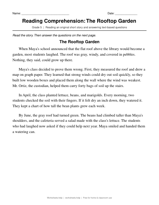 Preview of Reading Comprehension: The Rooftop Garden worksheet