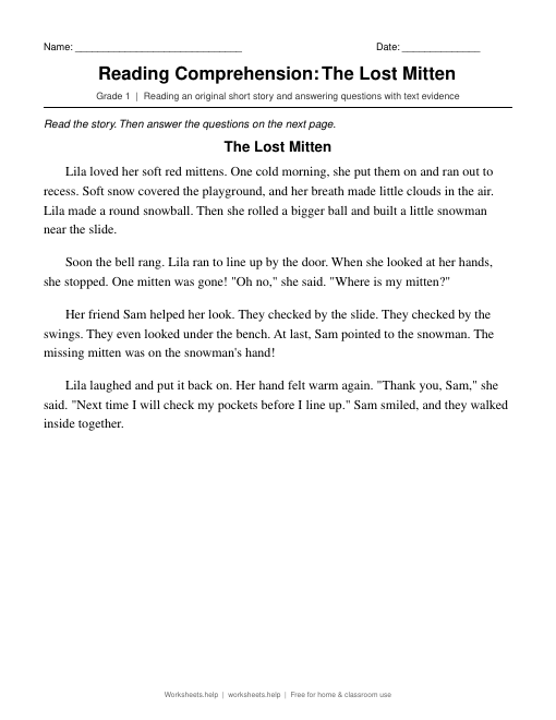 Preview of the Reading Comprehension: The Lost Mitten printable worksheet