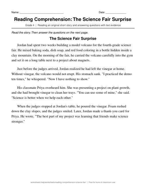 Preview of the Reading Comprehension: The Science Fair Surprise printable worksheet