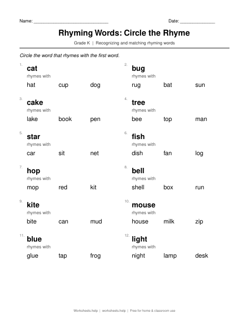 Preview of the Rhyming Words: Circle the Rhyme printable worksheet