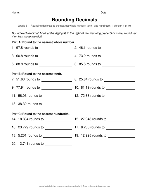 Preview of the Rounding Decimals printable worksheet