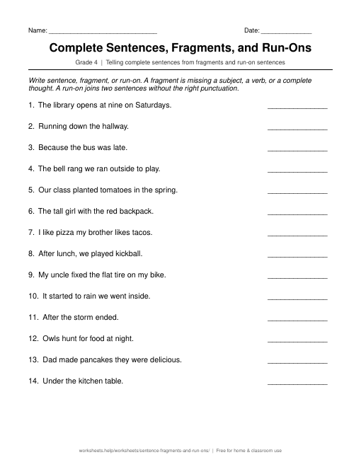 Preview of the Complete Sentences, Fragments, and Run-Ons printable worksheet