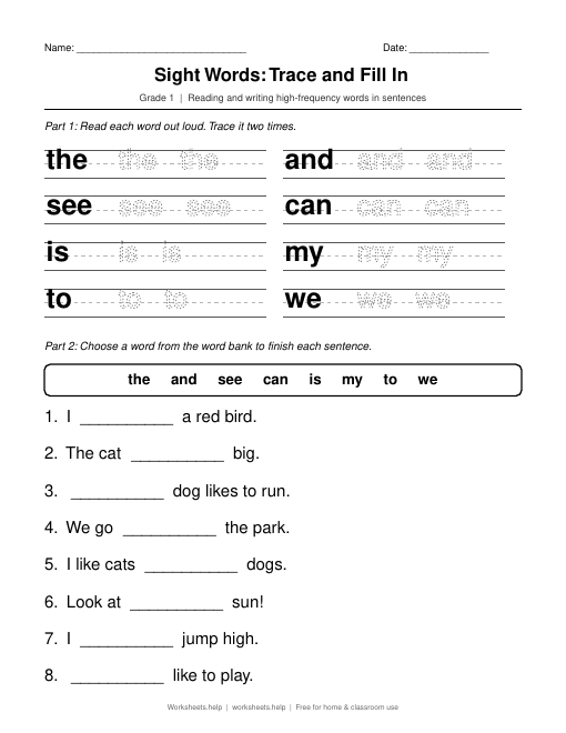 Preview of Sight Words: Trace and Fill In worksheet