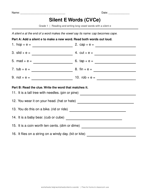 Preview of Silent E Words (CVCe) worksheet