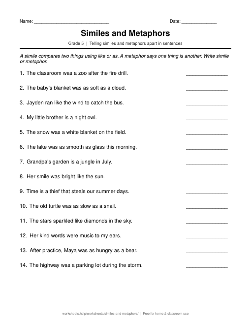 Preview of the Similes and Metaphors printable worksheet