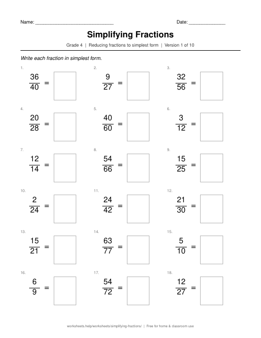 Preview of the Simplifying Fractions printable worksheet