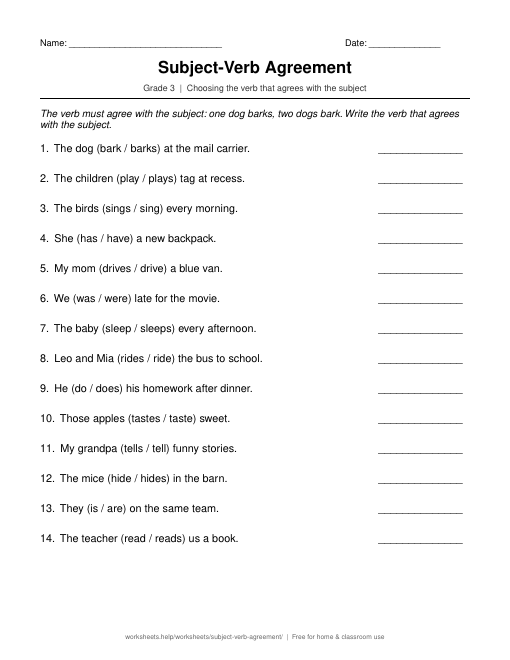 Preview of the Subject-Verb Agreement printable worksheet