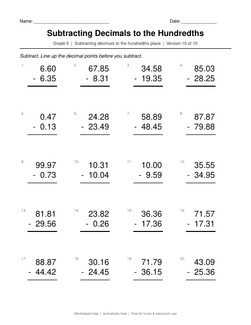 Subtracting Decimals to the Hundredths, version 10 preview