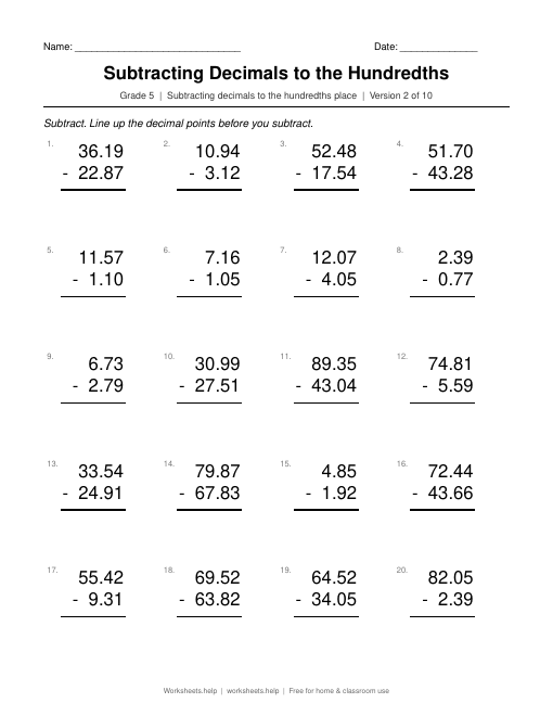 Subtracting Decimals to the Hundredths, version 2 preview