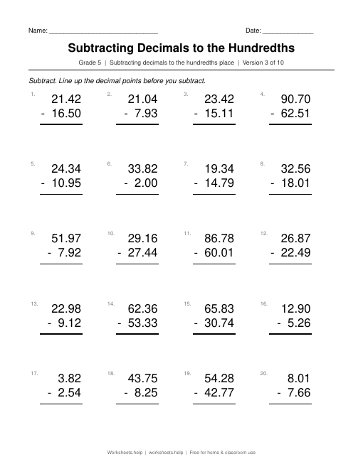 Subtracting Decimals to the Hundredths, version 3 preview