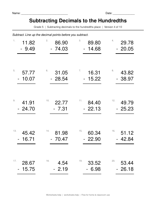 Subtracting Decimals to the Hundredths, version 4 preview
