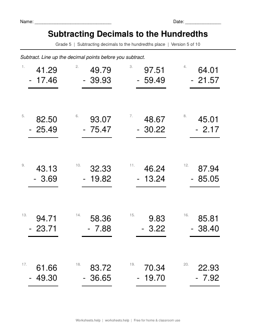 Subtracting Decimals to the Hundredths, version 5 preview