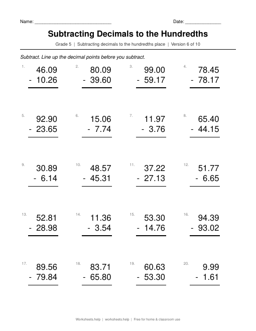 Subtracting Decimals to the Hundredths, version 6 preview