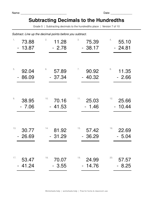 Subtracting Decimals to the Hundredths, version 7 preview