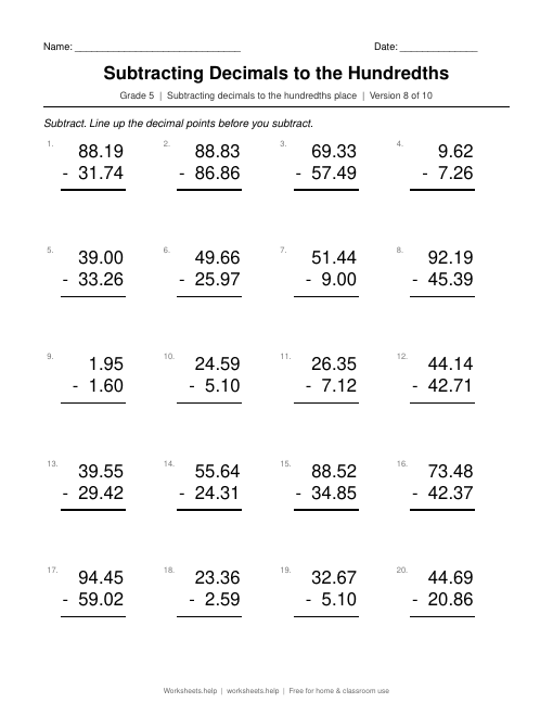 Subtracting Decimals to the Hundredths, version 8 preview