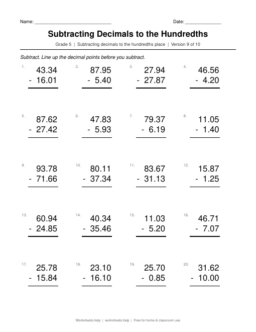 Subtracting Decimals to the Hundredths, version 9 preview