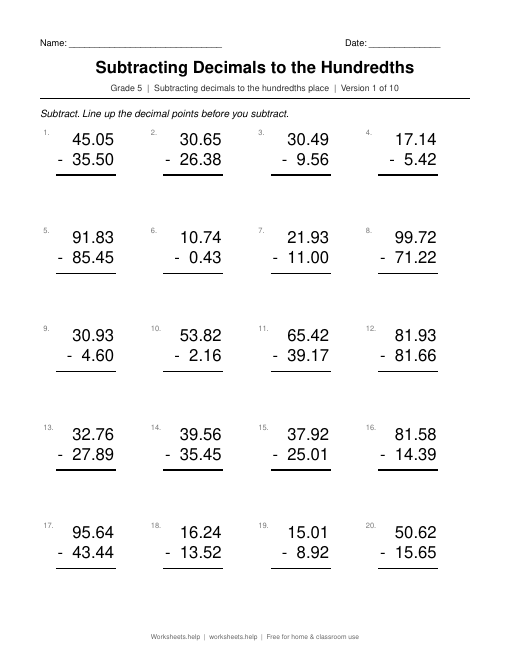 Preview of the Subtracting Decimals to the Hundredths printable worksheet