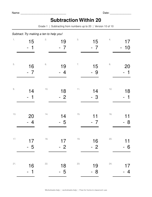 Subtraction Within 20, version 10 preview