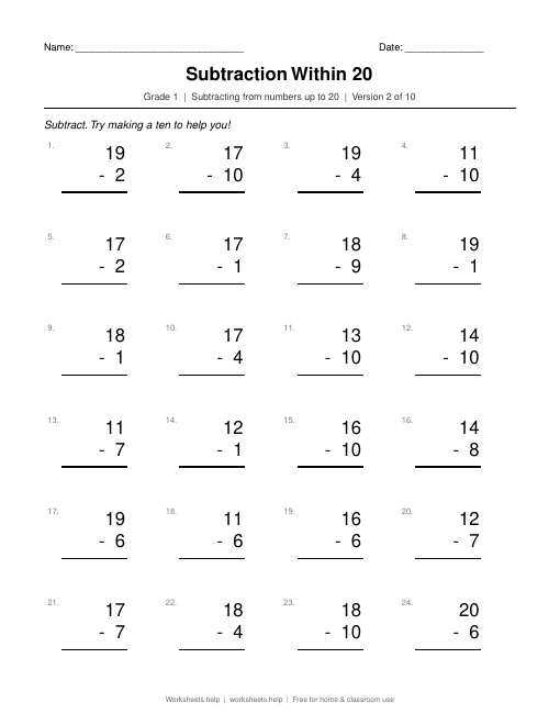 Subtraction Within 20, version 2 preview