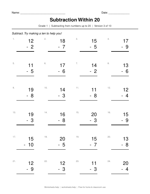 Subtraction Within 20, version 3 preview