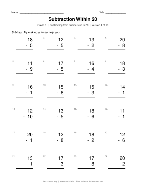 Subtraction Within 20, version 4 preview