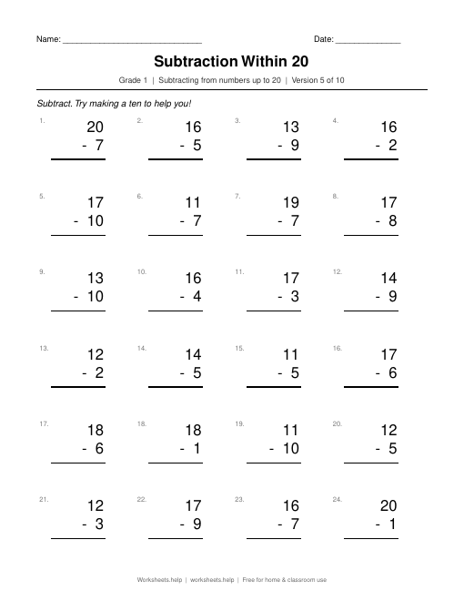 Subtraction Within 20, version 5 preview