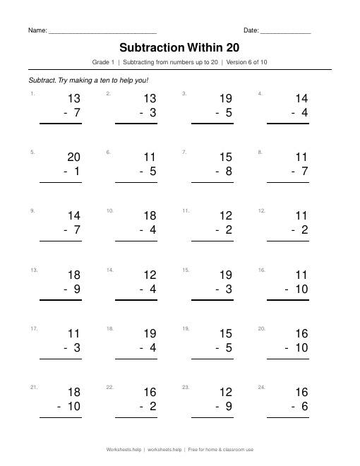 Subtraction Within 20, version 6 preview