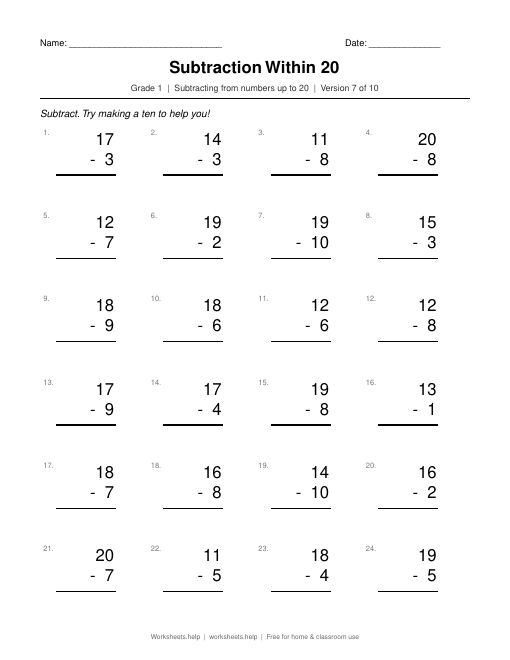 Subtraction Within 20, version 7 preview