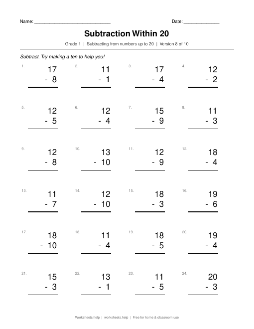 Subtraction Within 20, version 8 preview