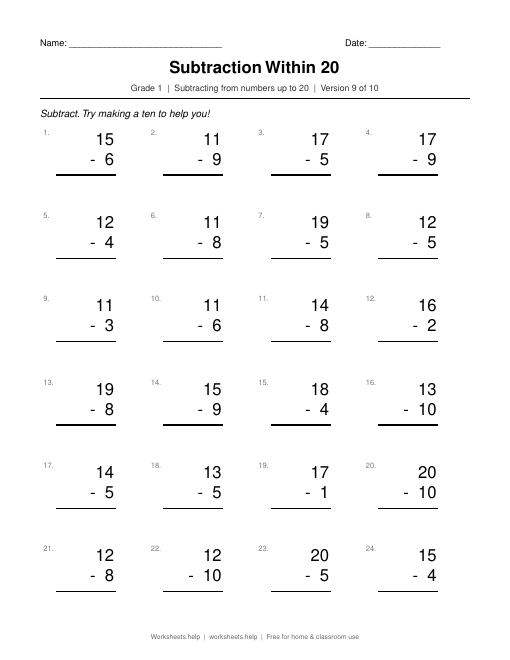 Subtraction Within 20, version 9 preview