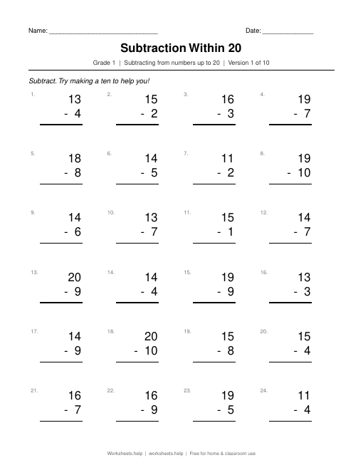 Preview of the Subtraction Within 20 printable worksheet
