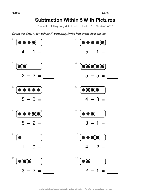 Preview of the Subtraction Within 5 With Pictures printable worksheet