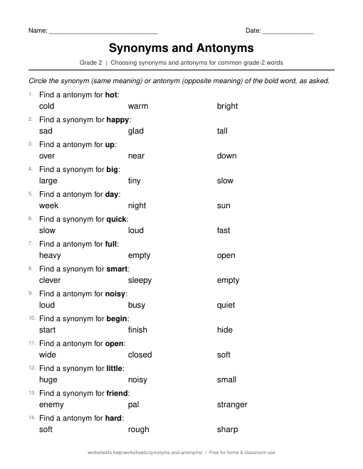 Preview of the Synonyms and Antonyms printable worksheet