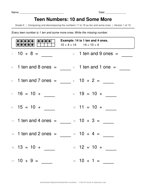Preview of Teen Numbers: 10 and Some More worksheet