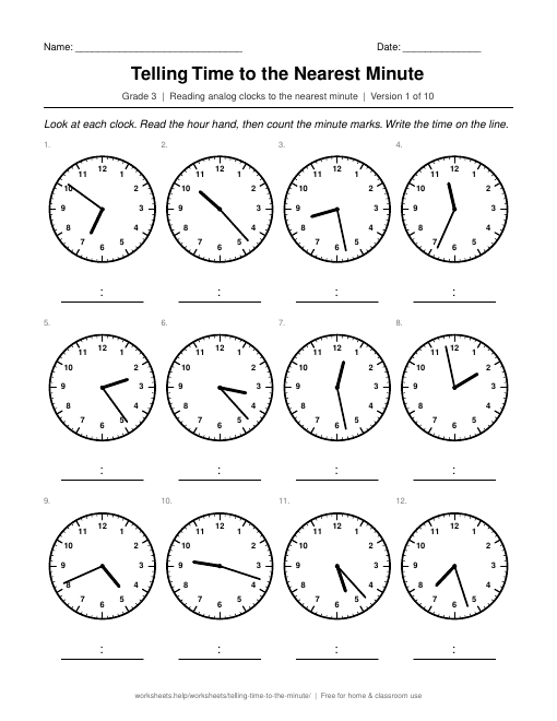 Preview of the Telling Time to the Nearest Minute printable worksheet