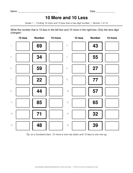 Preview of the 10 More and 10 Less printable worksheet