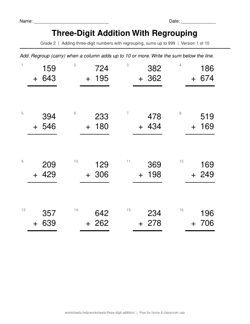 Preview of the Three-Digit Addition With Regrouping printable worksheet