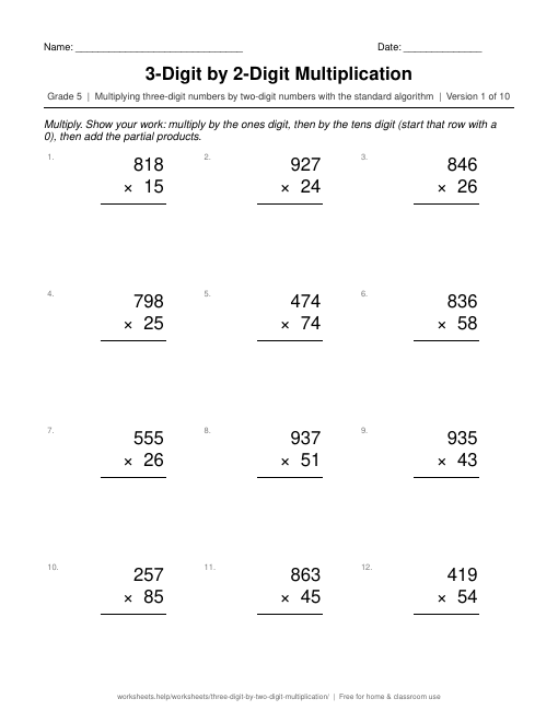 Preview of the 3-Digit by 2-Digit Multiplication printable worksheet