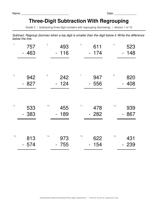 Preview of the Three-Digit Subtraction With Regrouping printable worksheet