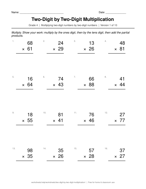 Preview of the Two-Digit by Two-Digit Multiplication printable worksheet