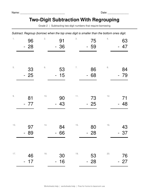 Preview of Two-Digit Subtraction With Regrouping worksheet