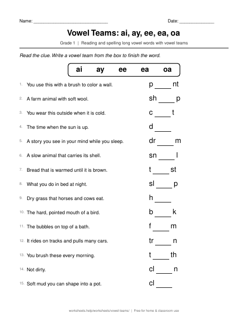Preview of the Vowel Teams: ai, ay, ee, ea, oa printable worksheet