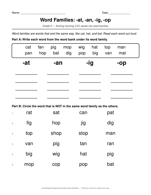 Preview of the Word Families: -at, -an, -ig, -op printable worksheet
